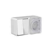 AtlasDesign PROFI IP54 блок открытого монтажа: розетка с заземлением со шторками 16А, выключатель 2-клав.10А, серый